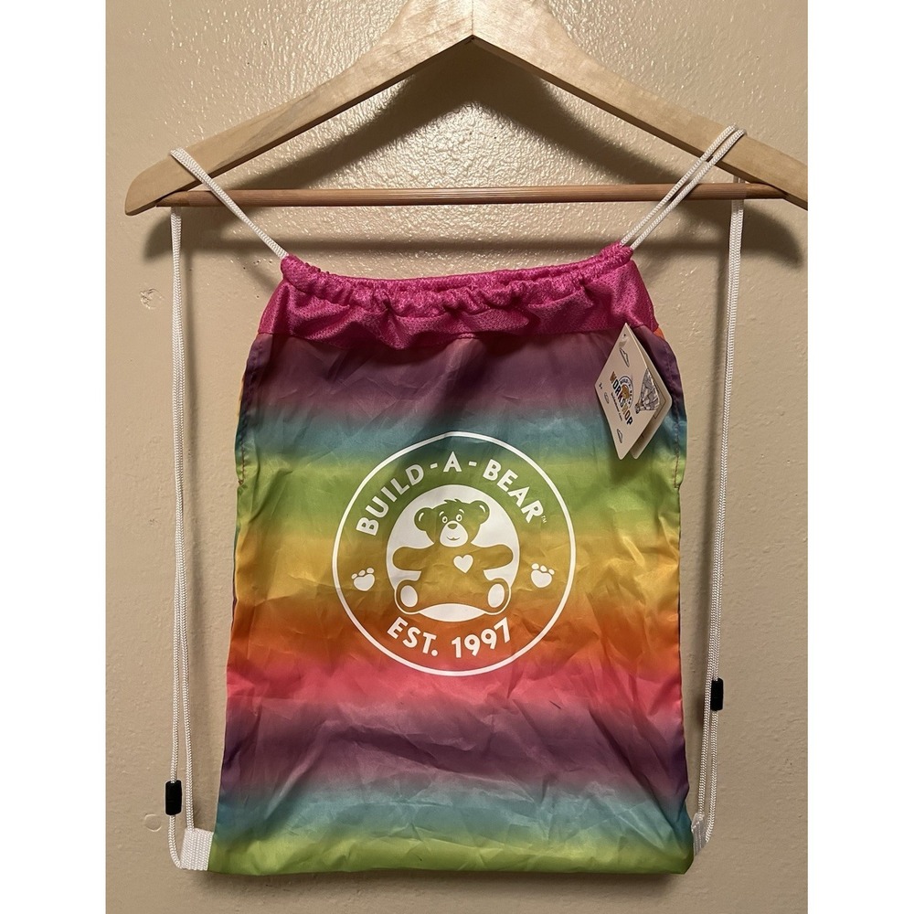 Build A Bear Sling Backpack‎ Rainbow Drawstring Bag Tote Plush Bear Carrier NWT